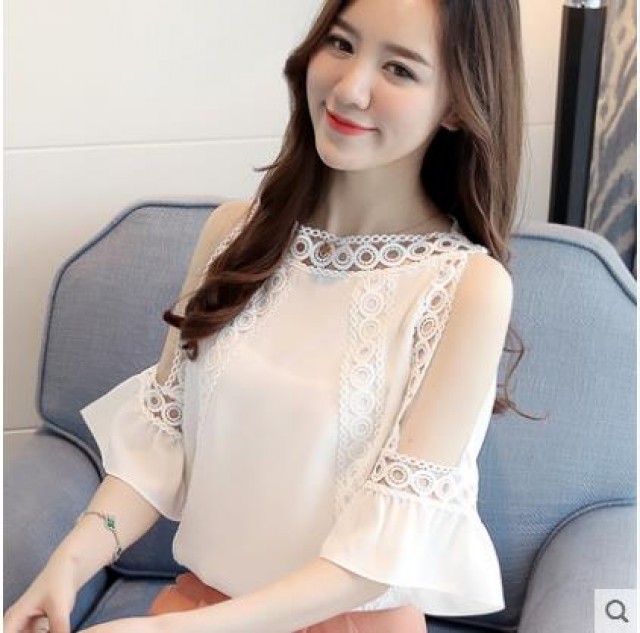 [해외] 봄 신상 여성 패션 반소매 나팔소매 쉬폰블라우스 와이셔츠