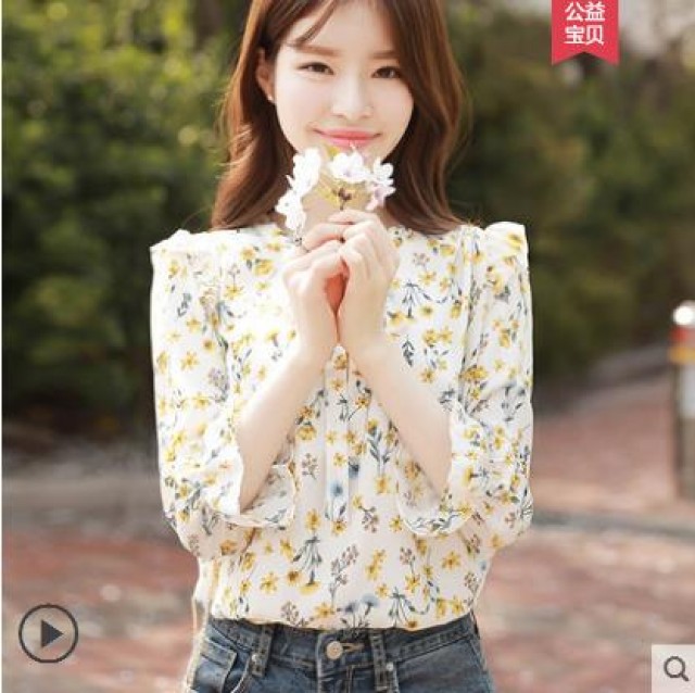 [해외] 봄신상 여성 퀄리티 플라워 7부 와이셔츠 쉬폰 블라우스