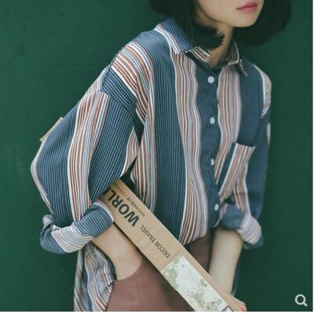 [해외] 여성 봄 여름 셔츠 POLO 스트라이프 블라우스 학생 루즈핏 캐주얼