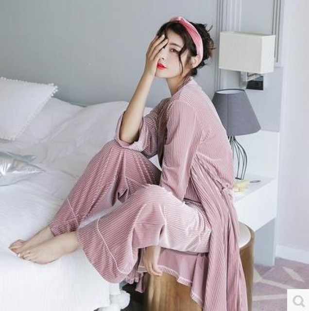 [해외] 여자잠옷 벨벳잠옷 3종 세트 실내복 파자마 섹시잠옷세트 나이트 가운