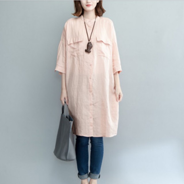[해외] 여성 여름 빅사이즈 임신복 반소매 면마 핑크 느슨한 롱 셔츠