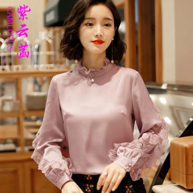 [해외]W1359A2 2018 봄 새로운 한국어 패션 칼라 칼라 쉬폰 셔츠 여성 긴팔 셔츠 셔츠 기계 레이스 레이스 셔츠 조수