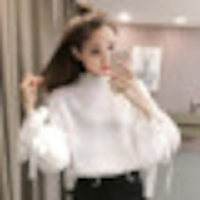 [해외]W1359FB 2018 새로운 기질 랜턴 슬리브 반 하이 칼라 레이스 스티치 쉬폰 셔츠 여성 느슨한 얇은 바닥 셔츠