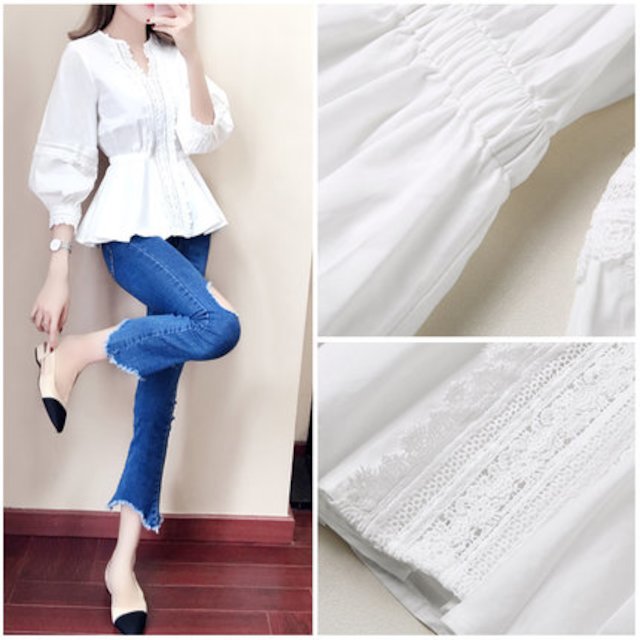 [해외]W1359FE 시크한 상단 2018 봄 스타일 여성 여름 허리 흰색 시폰 셔츠 긴팔 레이스 셔츠 여름 홍콩 맛