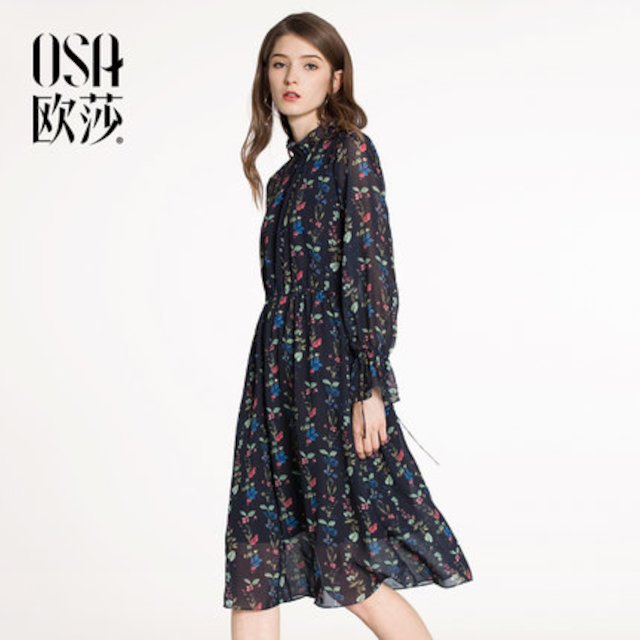 [해외]W1439A1 OSA Ousha 2018 봄 긴 슬림 슬림 얇은 스커트 플로랄 슬리브 연꽃 잎 슬리브 프린트 드레스