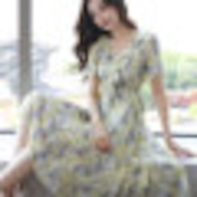 [해외]W14459F 시폰 스커트 2018 여름 새로운 여성 봄 드레스 슈퍼 센트 긴 허리 짧은 소매 꽃 드레스