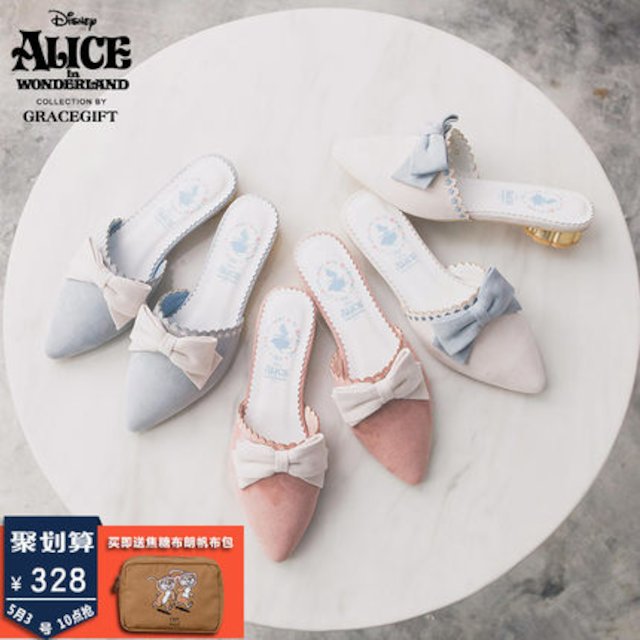 [해외]W144CF5 그레이스 선물 디즈니 앨리스 보우 슬리퍼 금속 질감 두꺼운 뒤꿈치 샌들 소녀 하트 신발