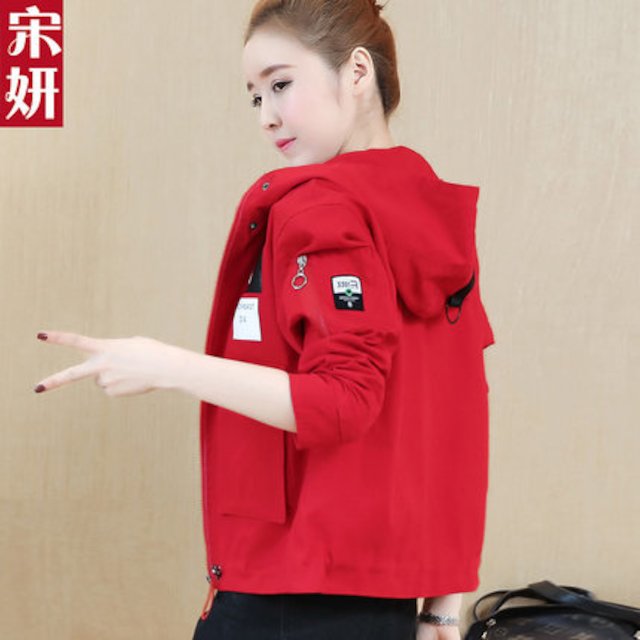 [해외]W144D9E 짧은 자켓 여성 2018 봄 새 두건 된 작은 여성 한국어 슬림 티셔츠 재킷 대학 바람