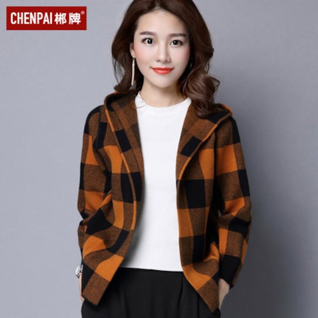 [해외]W144DFA 봄 2018 느슨한 야생 격자 무늬 후드 자켓 여성 짧은 소매 긴 얇은 니트 카디건의 새로운 여성의 한국어 버전