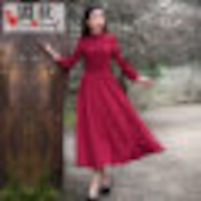 [해외]W144EE6 Obstinately 닫힌 달 수치스러운 꽃 2018 봄 새로운 복고풍 문예 기질 칼라 칼라 붉은 구 포인트 슬리브 원피스