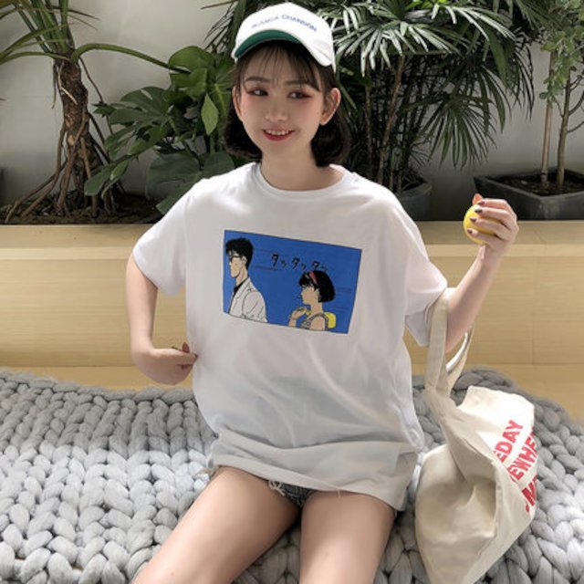 [해외] 반팔 여성 느슨한 라운드넥 흰색 여학생 만화 프린트 티셔츠